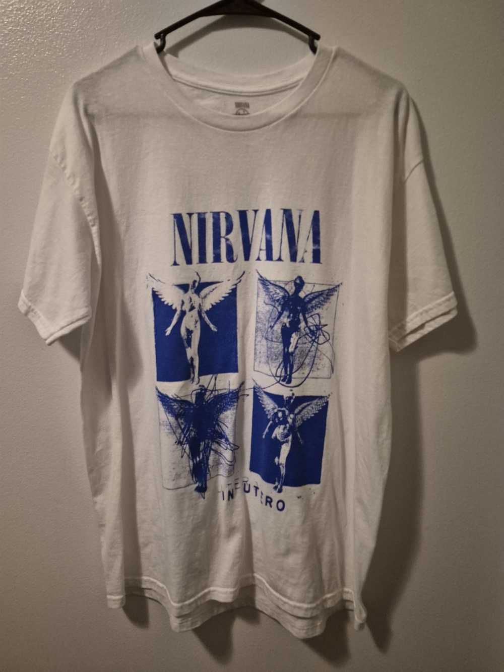 NIRVANA White Short Sleeve Band Tee with Blue Graphics